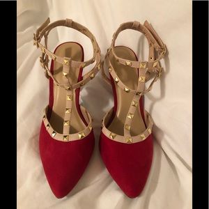 Red Faux Suede Studded Heels (Valentino Dupe)